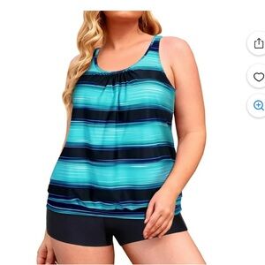 Chama Plus Size Blouson Tankini Striped Set 2-Piece Bathing Suits with Boyshorts